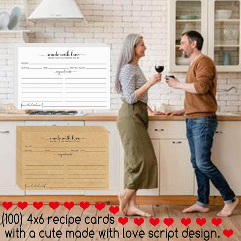 4x6 Recipe Cards for the Parents-To-Be, 100 Pack Double Sided White Cardstock - Simple, Cute Made with Love Heart Design - Double-Sided - For Brid...