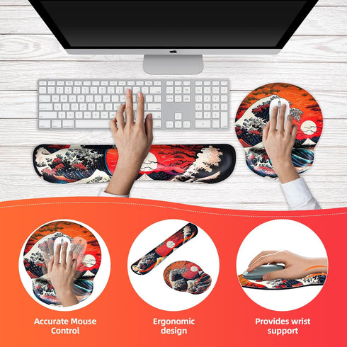 Ergonomic Japanese Sea Waves Small Mouse Pad with Wrist Rest and Keyboard Wrist Rest Set,Easy Typing & Pain Relief,Gaming Mousepad with Wrist Supp...
