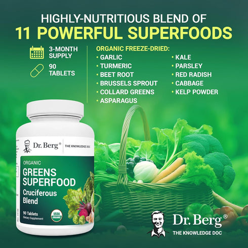 Dr. Berg's Greens Superfood Cruciferous Vegetable Tablets - Vegetable Supplements for Adults w/ 11 Phytonutrient Super Greens Tablets - Energy, Im...