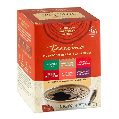 Teeccino Mushroom Herbal Tea - Mushroom Adaptogen Tea Sampler - 12 Tea Bags - Support Your Health With Mushrooms and Adaptogenic Herbs, Prebiotic,...