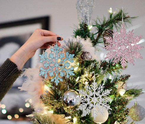 DearHouse 36pcs Plastic Snowflake Ornaments, Tiny Sparkling Glitter Snowflake Ornaments on String Hanger for Christmas Tree Decorations (Blue)...