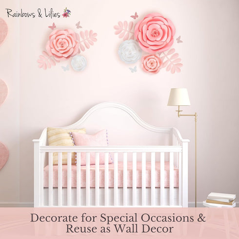 Rainbows & Lilies 15pc Large Paper Flowers Decorations for Wall - Reusable 3D Wall Decor for Girls Room, Nursery & Kids Bedroom - Pink & White Art...
