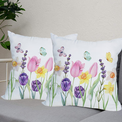 2 Pack Waterproof Spring Floral Pillow Covers 16x16 Inch Pink Tulip Flower Lavender Butterfly Throw Pillow Covers Outdoor Spring Summer Farmhouse ...