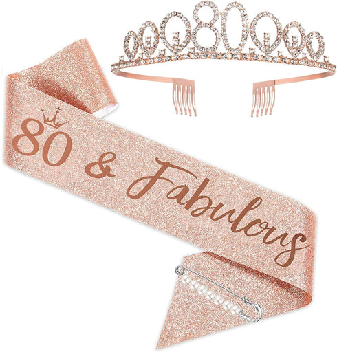 Rose Gold Birthday Tiara and Sash for Women, Fabulous 80th Birthday Party Favor...
