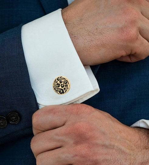 Engraved Lucky Clouds Pattern Cufflinks for Men Chinese Feng Shui Auspicious Totem Round Silver Golden Men's Cufflinks Jewelry for Wedding Party B...