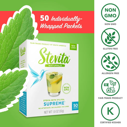 Stevita Stevia with Xylitol Supreme - 50 Packets - All-Natural Sweetener, No Calories - Non-GMO, Vegan, Kosher, Keto, Paleo, Gluten Free, Erythrit...