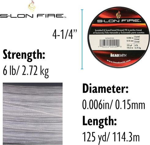 The Beadsmith S-Lon Fire – Braided and Fused Bead Thread – 6lb. Test, 006”/.15mm Diameter, 125 Yard Spool, Crystal Clear Color – Super Strong Stri...