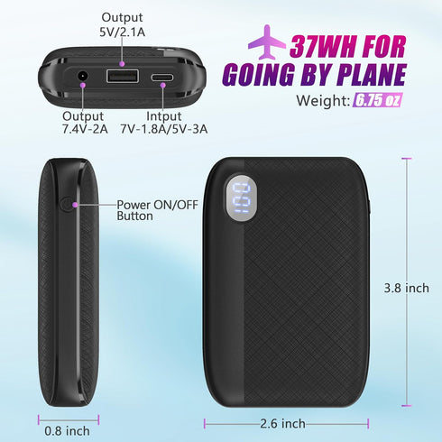 Power Bank for Heated Vest and Heated Jacket, 10000mAh Rechargeable Battery with 7.4V DC Port and USB A Port, Compact Charger with LED Screen for ...
