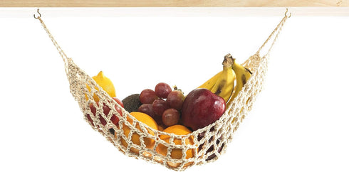 Hanging Fruit Hammock Under Cabinet - 1 Macrame Fruit Hammock with 2PCS Hooks - Handwoven Cotton Basket Storage for Produce, Banana - Boho Kitchen...
