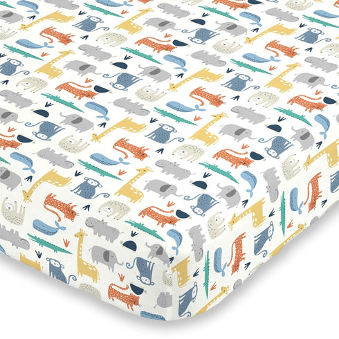 Carter's Colorful Modern Safari Animals Super Soft Mini Crib Fitted Sheet, Orange, Green, Blue, Grey...