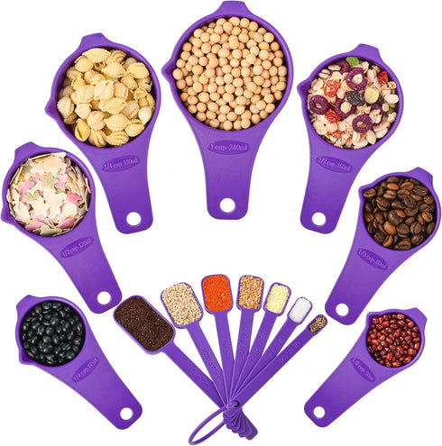 Plastic Measuring Cups and Spoons Set 15, 7 Dry&Liquid Measuring Cup Spoon Set, 7 Spice Long Handle Measuring Spoons with 1 Leveler for Kitchen an...