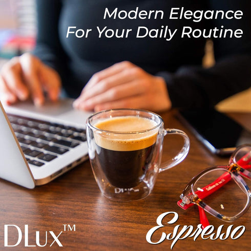 DLux Lungo 5.4oz Coffee Cups Double Wall, Clear Glass set of 2 Glasses with Handles, Insulated Borosilicate Glassware Tea Cup...