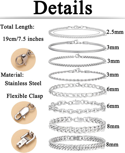 Tornito 8Pcs Chain Bracelet Stainless Steel Curb Width Rope Figaro Cuban Link Paperclip Twist Chain Bracelets Set for Men Women 7.5/8.3/9.0 Inches...