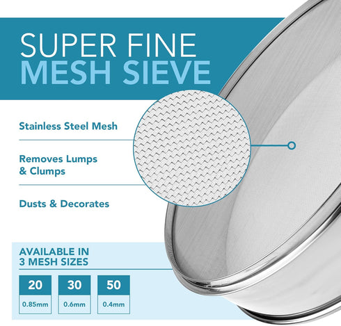 Stainless Steel Flour Sifter Fine Mesh Round Flour Sifter for Baking 9.5" Diameter x 2.5" High; Mesh-Hole Size 0.3mm...