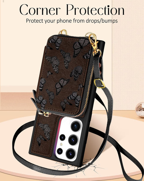 Shorogyt for Samsung Galaxy S23 Ultra Case Wallet Crossbody, RFID Blocking Card Holder Slots Designer Black Butterfly Leather Handbag Purse Phone ...