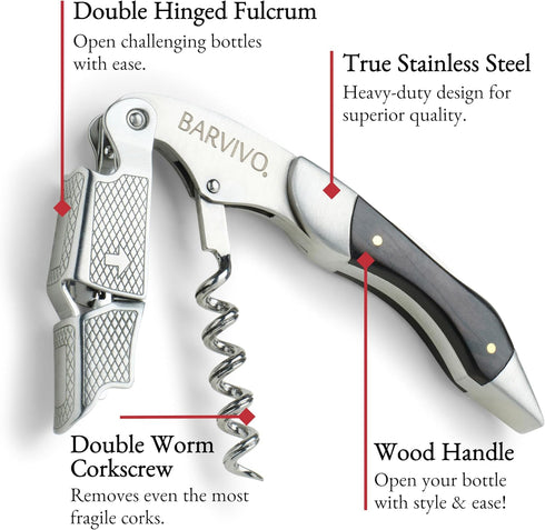 Barvivo Wine Opener with Foil Cutter and Cap Remover - Double Hinged Corkscrew for Bartenders - Stainless Steel Wine Key for Easy Bottle Opening -...