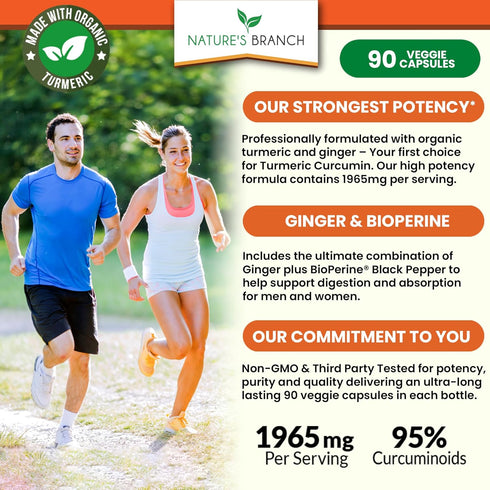 Extra Strength Turmeric Curcumin and Ginger & BioPerine - 1965mg Joint Support Supplement for Aches with Black Pepper Powder Extract - Premium Mad...