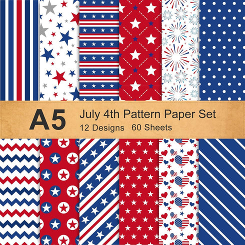 Whaline 60 Sheet 4th of July Pattern Paper Set 12 Designs A5 Size Patriotic Stars Stripes Fireworks Craft Paper Red Blue White Double-Sided Origam...