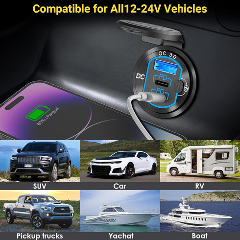 12V USB Outlet 78W for iPhone Qidoe Dual 60W PD&18W QC3.0 Dual USB Charger Socket with Switch Waterproof Aluminum Power Outlet for Marine Motorcyc...