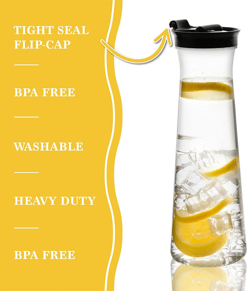 Clear Plastic Water Pitchers Carafes with Flip top Black Lids 34 OZ Heavy Duty Beverage Pitcher Jug for Juice or iced Coffee Great for Mimosa bar ...