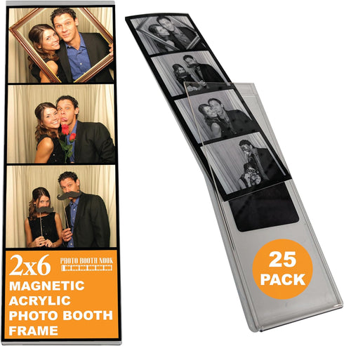 Photo Booth Nook | 2x6 Magnetic Photo Booth Picture Frame (25 Count) | Crystal Clear Acrylic, Strong Magnet with Silver Inserts...