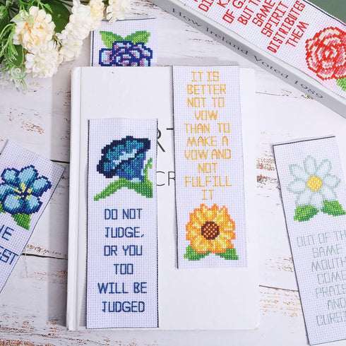 ORIGACH 6 Set Cross Stitch Bookmark Kit for Beginner Flower and Bible Verse Pattern DIY Stamped Embroidery Bookmark Kit with 19 Colors Embroidery ...