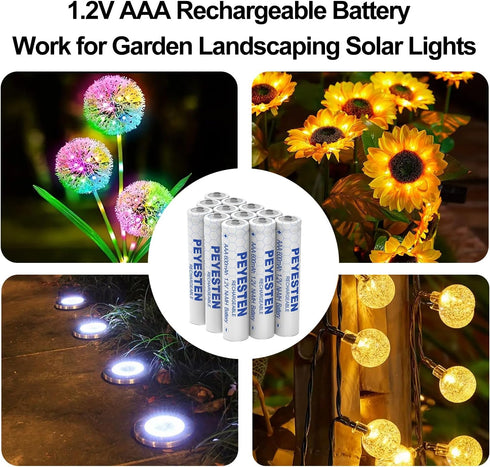 1.2V 600mAh Ni-MH AAA Rechargeable Batteries, Triple A Batteries for Outdoor Solar Lights, String Lights, Pathway Lights, Pre-Charged, 12 Pack...