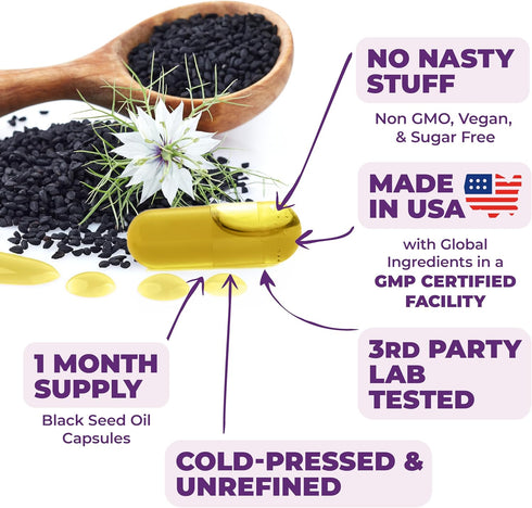 Black Seed Oil Capsules | Cold Pressed Blackseed Oil. Provides Vitamin E & Omega 3 6 9. High Potency (1500mg) for Joints, Immune Support, Antioxid...