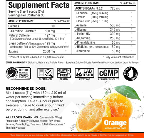 ALLMAX Nutrition AMINOCUTS (ACUTS), Amino-Charged Energy Drink with Taurine, L-Carnitine, Green Coffee Bean Extract, Orange, 30 Servings...