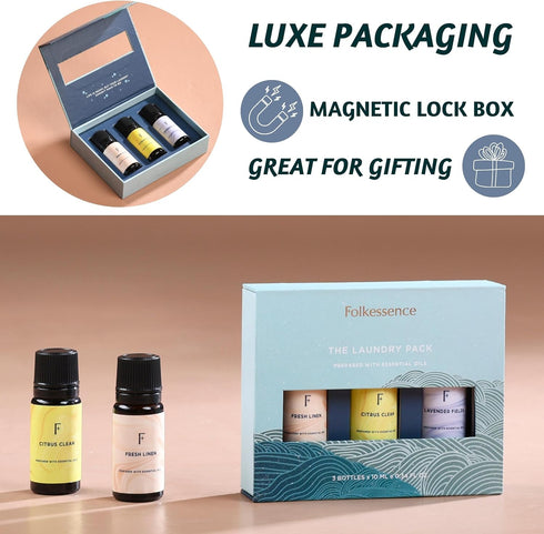 Folkulture Laundry Collection Essential Oils Set, Pack of 3 Pure Essential Oil for Diffuser for Home, Use with Wool Dryer Balls Scents - Fresh Lin...