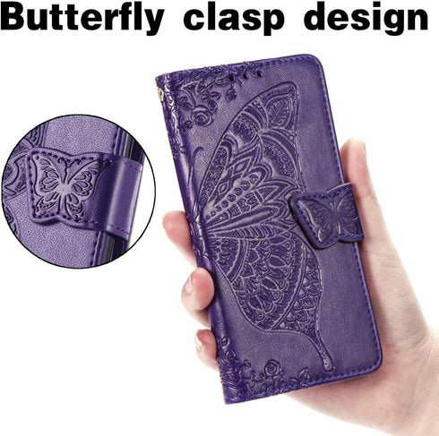 PU Leather Wallet Flip Protective Phone Case with Wrist Strap Card Slots Holder Pocket Emboss Butterfly Flower Stand Case for Samsung Galaxy A32 5...