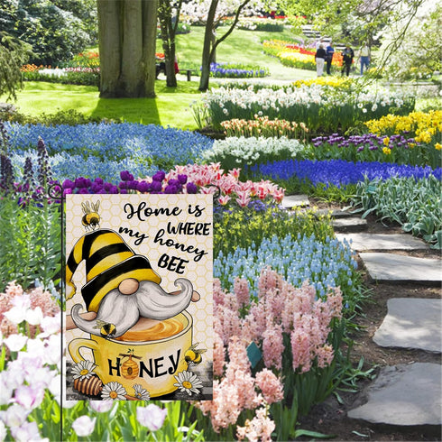 Home is Where My Honey Bumble Bee Gnome Decorative Garden Flag, House Yard Spring Summer Outside Decor, Outdoor Small Burlap Decoration Double Sid...