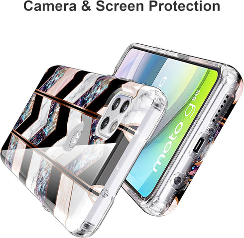 BAISRKE for Moto G 5G Case,Motorola One 5G Ace Case Shiny Rose Gold Wave Geometric Marble Shockproof Clear Hard Back Cover - Black...