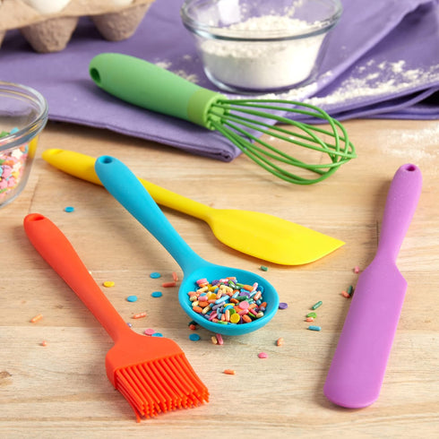 C.R. Gibson Kids in The Kitchen Oil Brush, Spoon, Whisk, Long, Standard Spatula Silicone Utensil Set, Multicolor...