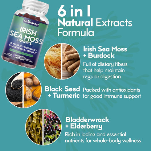 Irish Sea Moss Gummies 10000mg - with Black Seed Elderberry Bladderwrack Burdock Turmeric Omega-3 Vitamins C D3 Zinc - Seamoss Supplements for Adu...