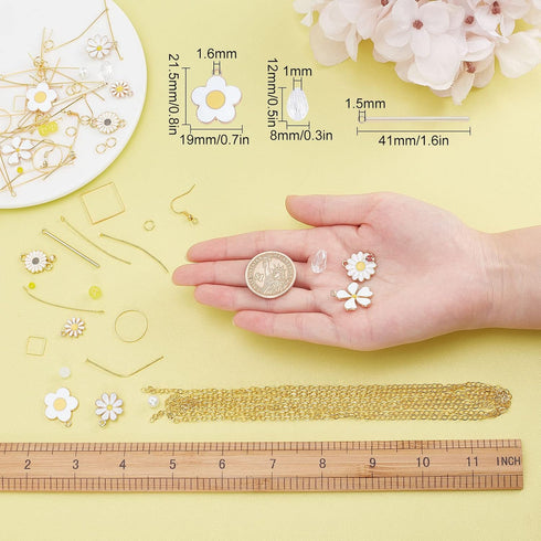 SUNNYCLUE 1 Box DIY 10 Pairs Thanksgiving Day Daisy Flower Charms Earrings Making Starter Kit White Enamel Flower Charms Glass Beads Linking Rings...