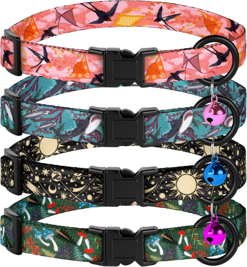 4PCS Breakaway Cat Collars with Bell, Cute Kitty Adjustable Safe Kitten Collars, 4-Pack, Nylon Pet Collars Space Mushrooms Shark Birds Print (Natu...