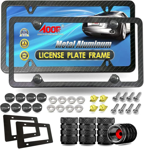 Aootf Carbon Fiber License Plate Frame- Heavy Duty Black Aluminum Car Tag Cover Printed Carbon Patterns, Slim Front & Rear Holders Mount Hardware ...