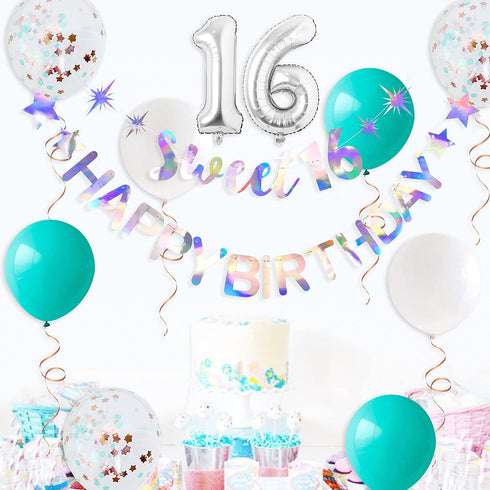 Iridescent Happy Birthday Banner Garland for Sweet 16 Decorations and Signs - 16th Birthday Party Sign for Sweet Sixteen Party Supplies...