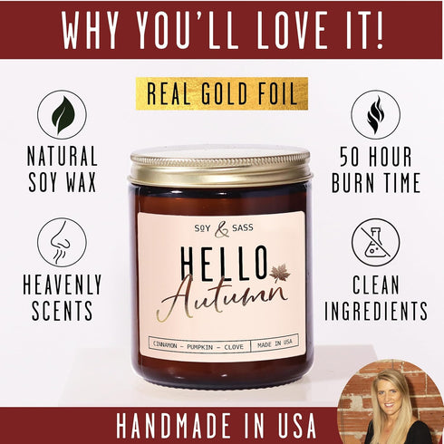 Fall Candles - 'Hello Autumn' Fall Candle w/Apple, Cinnamon & Nutmeg I Infused with Essential Oils I Autumn Fall Scented Candles I Cozy Cute Fall ...