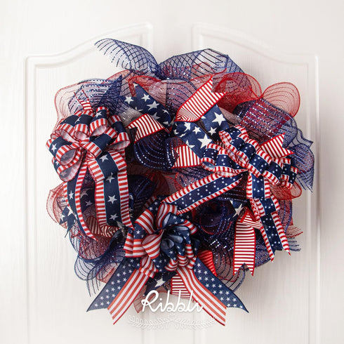 Ribbli Patriotic Ribbon Wired,2 Rolls Navy Star and Red Stripe Burlap Ribbon,1-1/2 Inch Total 60 Feets(20 Yards),Patriotic Ribbon for Crafts,Wreat...