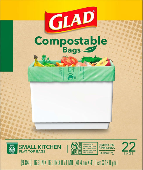 Glad Kitchen Compost Bags, 100% Compostable Bag, 2.6 Gallon, Unscented - 22 Count...