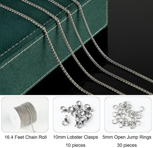 Jabogrii 5 Meters Sliver Jewelry Making Chains Stainless Steel Wheat Jewelry Chain Roll DIY Necklace Bracelet Chain for Jewelry Making...