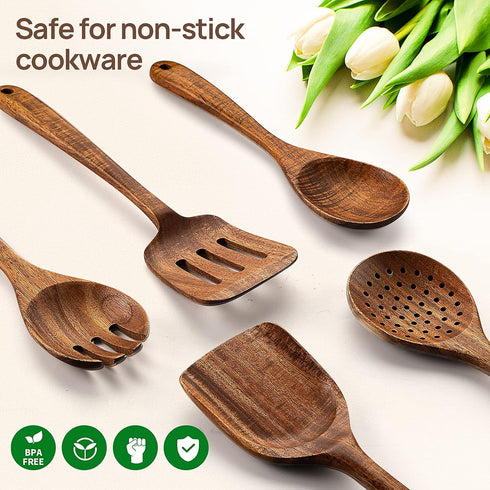 Kitchen Wooden Spoons Utensils Set for Cooking, 5 Piece Acacia Wood Spoon Cooking Utensils Apartment Essentials Wooden Turner Spoon Spatula Kitche...