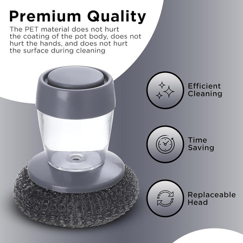 Stainless Steel Scrubber with Soap Dispensing Handle, Heavy Duty Pot Scrubber, Palm Brush with Replaceable Steel Wool Scouring Pad Used for Dishes...