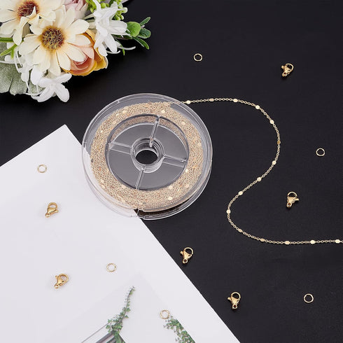 Beebeecraft 32.8 Feet 18K Gold Plated Chains for Jewelry Making Flat Round Link Cable Chain with 20 Lobster Claw Clasps and 50 Jump Rings...