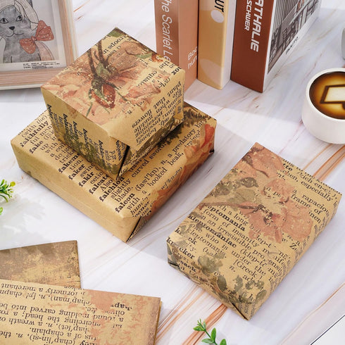 AnyDesign 12 Sheet Vintage Floral Wrapping Paper Retro Newspaper Kraft Gift Wrap Bulk Folded Flat Rose Flower Craft Art Paper for Party DIY Wrappi...