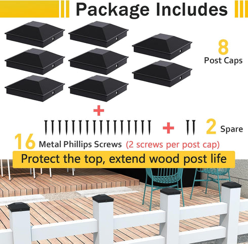 4x4 Post Caps Black(Actual 3.5" x 3.5"), 8 Pack Fence Post Caps with 16 Screws and Easy Installation, Sturdy Waterproof Plastic Deck Post Caps wit...