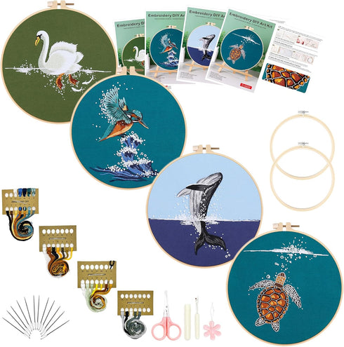 Embroidery Kit for Beginners with Animal Pattern and Instructions,4 Pack Cross Stitch Kits,2 Wooden Embroidery Hoops,Threads and Needles,Needlepoi...