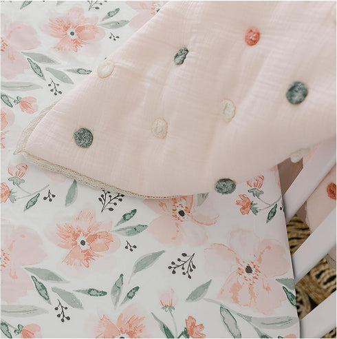 Crane Baby Soft Cotton Crib Mattress Sheet, Fitted Sheet for Cribs and Toddler Beds, Pink Floral, 28”w x 52”h x 9”d...